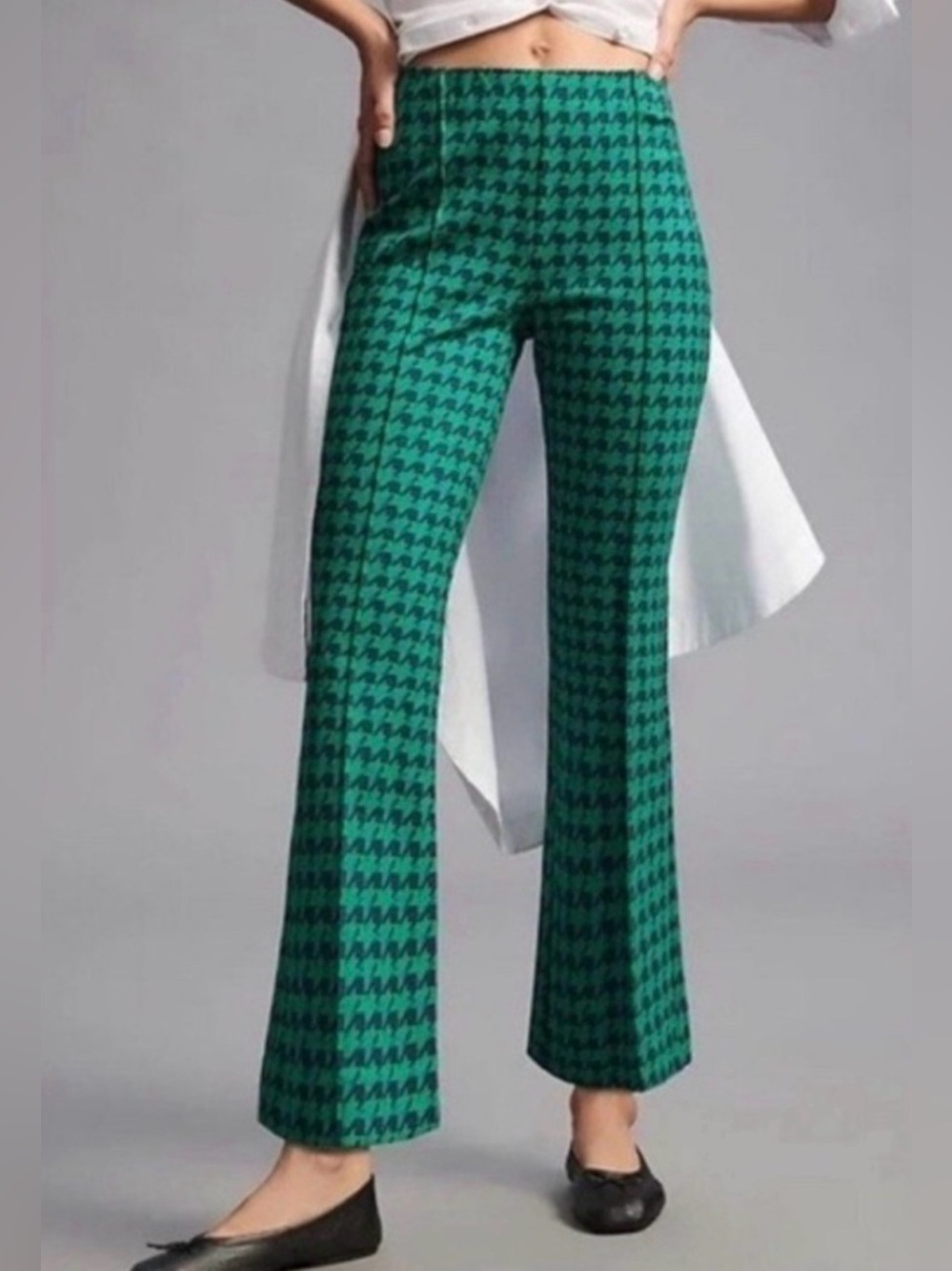 Anthropologie Maeve Margot Crop Kick Flare Pant - Large Green Blue Houndstooth L